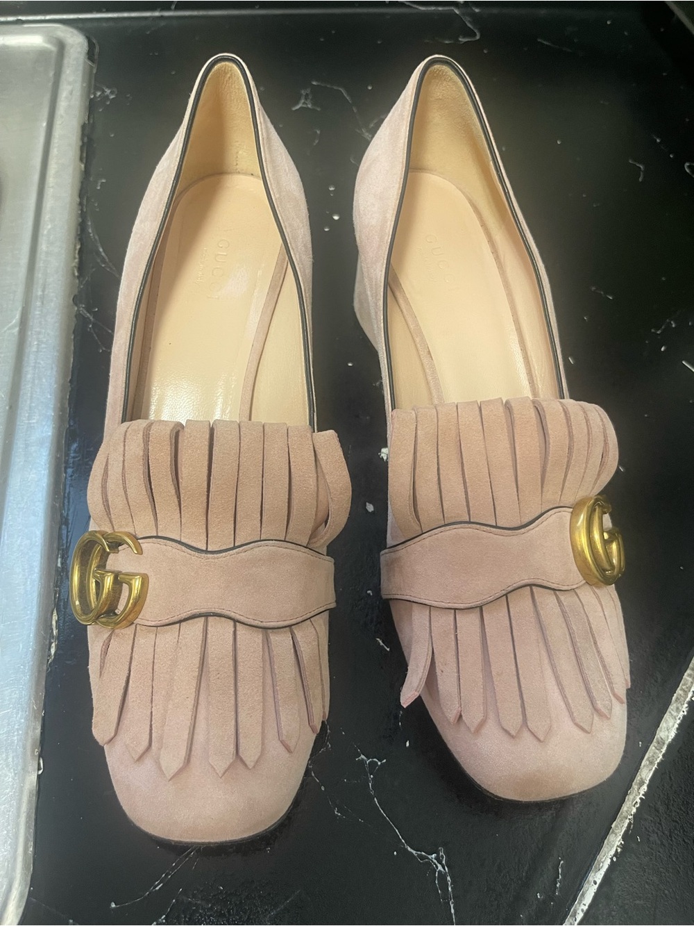Gucci Pink Suede Fringe Loafers with Gold GG - Picture 4 of 16